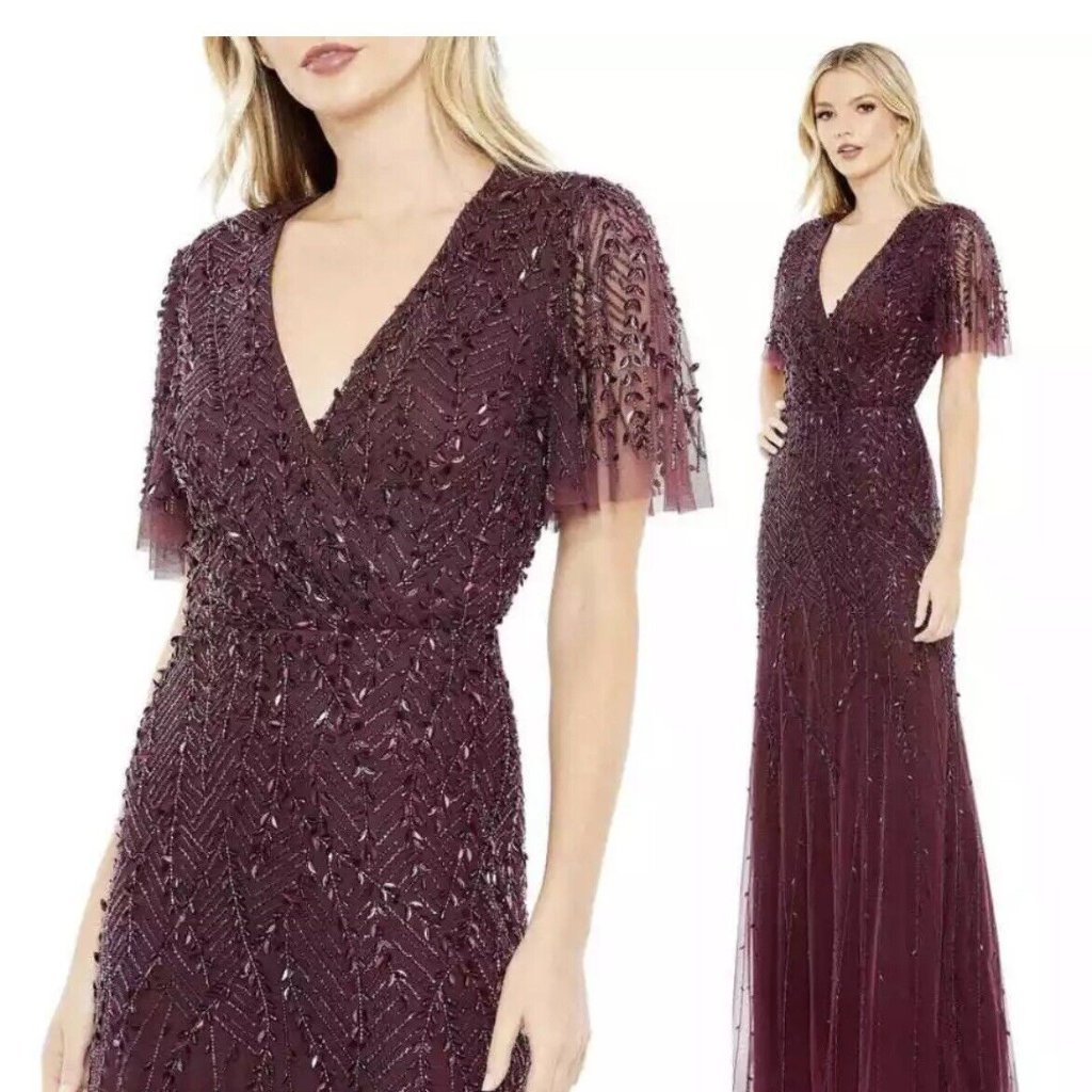 Nwt Mac Duggal Beaded Leaves Butterfly Sleeve Gown Aubergine 35109